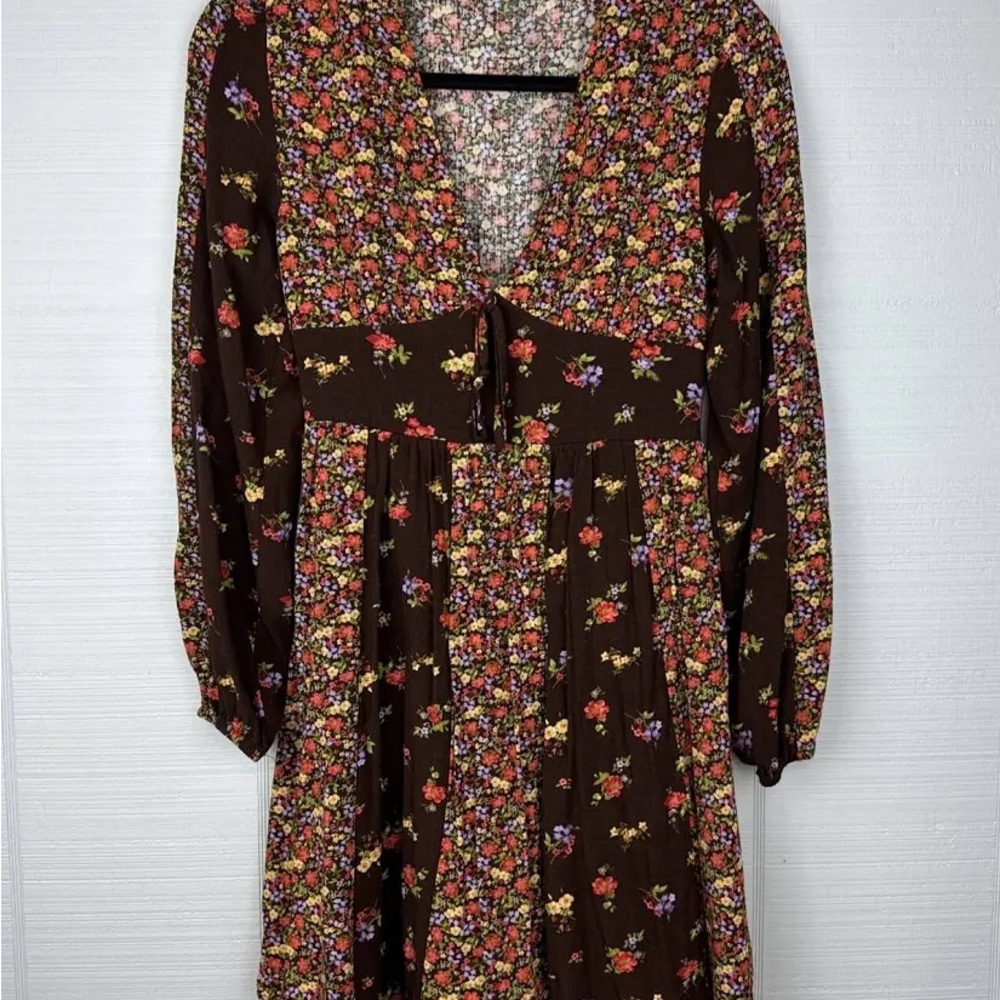 So Goods For Life Brown Floral Stripe A-line Mini Long Sleeve Dress